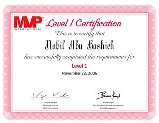 Level 1 Certification
This is to certify that
Nabil Abu Hashieh
has successfully completed the requirements for
Level 1
November 22, 2006
Wayne Vincent Bruno Lunghi
Managing Director Vice President of Event Management
MVP International Event Management
 