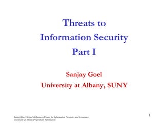 Threats to
                           Information Security
                                  Part I

                                    Sanjay Goel
                            University at Albany, SUNY


                                                                                 1
Sanjay Goel, School of Business/Center for Information Forensics and Assurance
University at Albany Proprietary Information
 