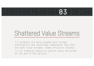 Shattered Value Streams
[×] products are more aligned with system
architecture and technology components than they
are with value streams; teams structure follows.
[×] no freaking chance to confirm value delivered
at the end of the Sprints.
1009080706050403020100
 