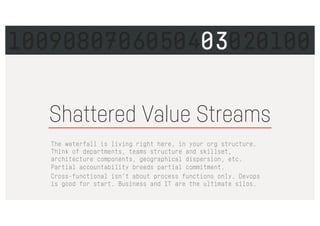 Shattered Value Streams
The waterfall is living right here, in your org structure.
Think of departments, teams structure and skillset,
architecture components, geographical dispersion, etc.
Partial accountability breeds partial commitment.
Cross-functional isn’t about process functions only. Devops
is good for start. Business and IT are the ultimate silos.
1009080706050403020100
 