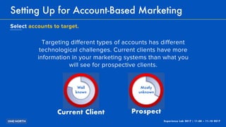 Experience Lab 2017 | 11.08 – 11.10 2017
Setting Up for Account-Based Marketing
Select accounts to target.
Targeting diffe...