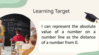 Learning Target
I can represent the absolute
value of a number on a
number line as the distance
of a number from 0.
 
