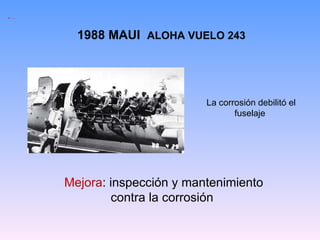 La corrosión debilitó el fuselaje  1988 MAUI  ALOHA VUELO 243 Mejora : inspección y mantenimiento contra la corrosión  