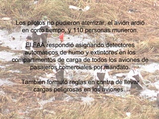Los pilotos no pudieron aterrizar, el avión ardió en corto tiempo, y 110 personas murieron. El FAA respondió asignando detectores automáticos de humo y extintores en los compartimentos de carga de todos los aviones de pasajeros comerciales por mandato. También formuló reglas en contra de llevar cargas peligrosas en los aviones.  