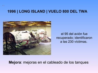 el 95 del avión fue recuperado; identificaron a las 230 víctimas.  1996 | LONG ISLAND | VUELO 800 DEL TWA   Mejora : mejoras en el cableado de los tanques 