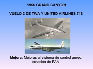 1956 GRAND CANYÓN VUELO 2 DE TWA Y UNITED AIRLINES 718   Mejora:  Mejoras al sistema de control aéreo; creación de FAA  