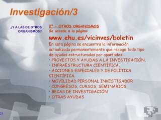 Investigación/3
     ¿Y A LAS DE OTROS   2º.- OTROS ORGANISMOS
          ORGANISMOS?    Se accede a la página:

                         www.ehu.es/vicinves/boletin
                         En esta página se encuentra la información
                         actualizada permanentemente que recoge todo tipo
                         de ayudas estructuradas por apartados:
                         • PROYECTOS Y AYUDAS A LA INVESTIGACIÓN,
                         • INFRAESTRUCTURA CIENTÍFICA,
                         • ACCIONES ESPECIALES Y DE POLÍTICA
                         CIENTÍFICA.
                         • MOVILIDAD PERSONAL INVESTIGADOR
                         • CONGRESOS, CURSOS, SEMINARIOS
                         • BECAS DE INVESTIGACIÓN
                         • OTRAS AYUDAS



21
 