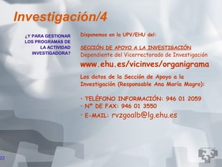 Investigación/4
      ¿Y PARA GESTIONAR    Disponemos en la UPV/EHU del:
      LOS PROGRAMAS DE
            LA ACTIVIDAD   SECCIÓN DE APOYO A LA INVESTIGACIÓN
         INVESTIGADORA?    Dependiente del Vicerrectorado de Investigación
                           www.ehu.es/vicinves/organigrama
                           Los datos de la Sección de Apoyo a la
                           Investigación (Responsable Ana María Magro):

                           • TELÉFONO INFORMACIÓN: 946 01 2059
                           • Nº DE FAX: 946 01 3550
                           • E-MAIL:   rvzgoalb@lg.ehu.es




22
 