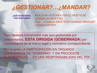 ¿GESTIONAR?…¿MANDAR?
          ¿QUÉ SE ENTIENDE   REALIZAR ACCIONES CON EL OBJETO DE
           POR GESTIONAR?    LOGRAR UN OBJETIVO.
                             Ergo …..¿Tenemos OBJETIVO? ¿tenemos NEGOCIO?
                             ¿tenemos DESEO?



     Pero Nuestra Universidad más que gestionada por
     universitarios, ESTA DIRIGIDA (GOBERNADA) por
     universitarios en el marco legal y normativo correspondiente.
     Por lo tanto LA PARTICIPACIÓN EN ÓRGANOS
     COLEGIADOS DE “GOBIERNO” Y EN PROCESOS
     ELECTORALES,….ES UNA RESPONSABILIDAD DEL PDI.


25
 