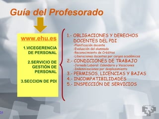 Guía del Profesorado

                          1.- OBLIGACIONES Y DERECHOS
       www.ehu.es             DOCENTES DEL PDI
                            -Planificación docente
        1.VICEGERENCIA      -Evaluación del alumnado
           DE PERSONAL      -Reconocimiento de Créditos
                            -Liberaciones docentes por cargos académicos

          2.SERVICIO DE   2.- CONDICIONES DE TRABAJO
                            -Jornada Laboral: Calendario y Vacaciones
            GESTIÓN DE      -Indemnizaciones por desplazamiento
             PERSONAL     3.- PERMISOS, LICENCIAS Y BAJAS
                          4.- INCOMPATIBILIDADES
       3.SECCION DE PDI
                          5.- INSPECCIÓN DE SERVICIOS




31
 