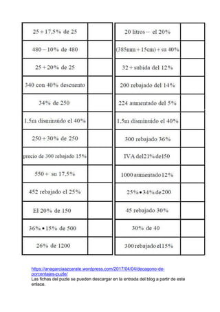 https://anagarciaazcarate.wordpress.com/2017/04/04/decagono-de-
porcentajes-puzle/
Las fichas del puzle se pueden descargar en la entrada del blog a partir de este
enlace.
 