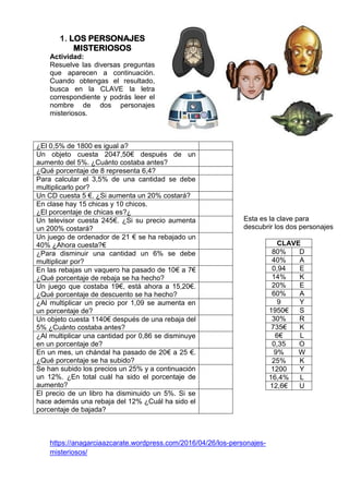 1. LOS PERSONAJES
MISTERIOSOS
Actividad:
Resuelve las diversas preguntas
que aparecen a continuación.
Cuando obtengas el resultado,
busca en la CLAVE la letra
correspondiente y podrás leer el
nombre de dos personajes
misteriosos.
¿El 0,5% de 1800 es igual a?
Un objeto cuesta 2047,50€ después de un
aumento del 5%. ¿Cuánto costaba antes?
¿Qué porcentaje de 8 representa 6,4?
Para calcular el 3,5% de una cantidad se debe
multiplicarlo por?
Un CD cuesta 5 €. ¿Si aumenta un 20% costará?
En clase hay 15 chicas y 10 chicos.
¿El porcentaje de chicas es?¿
Un televisor cuesta 245€. ¿Si su precio aumenta
un 200% costará?
Un juego de ordenador de 21 € se ha rebajado un
40% ¿Ahora cuesta?€
¿Para disminuir una cantidad un 6% se debe
multiplicar por?
En las rebajas un vaquero ha pasado de 10€ a 7€
¿Qué porcentaje de rebaja se ha hecho?
Un juego que costaba 19€, está ahora a 15,20€.
¿Qué porcentaje de descuento se ha hecho?
¿Al multiplicar un precio por 1,09 se aumenta en
un porcentaje de?
Un objeto cuesta 1140€ después de una rebaja del
5% ¿Cuánto costaba antes?
¿Al multiplicar una cantidad por 0,86 se disminuye
en un porcentaje de?
En un mes, un chándal ha pasado de 20€ a 25 €.
¿Qué porcentaje se ha subido?
Se han subido los precios un 25% y a continuación
un 12%. ¿En total cuál ha sido el porcentaje de
aumento?
El precio de un libro ha disminuido un 5%. Si se
hace además una rebaja del 12% ¿Cuál ha sido el
porcentaje de bajada?
https://anagarciaazcarate.wordpress.com/2016/04/26/los-personajes-
misteriosos/
Esta es la clave para
descubrir los dos personajes
CLAVE
80% D
40% A
0,94 E
14% K
20% E
60% A
9 Y
1950€ S
30% R
735€ K
6€ L
0,35 O
9% W
25% K
1200 Y
16,4% L
12,6€ U
 