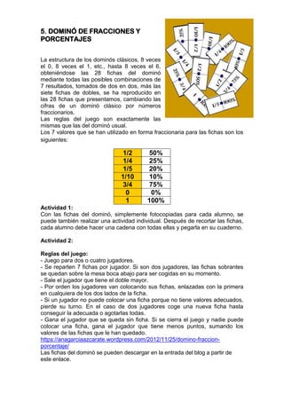 5. DOMINÓ DE FRACCIONES Y
PORCENTAJES
La estructura de los dominós clásicos, 8 veces
el 0, 8 veces el 1, etc., hasta 8 veces el 6,
obteniéndose las 28 fichas del dominó
mediante todas las posibles combinaciones de
7 resultados, tomados de dos en dos, más las
siete fichas de dobles, se ha reproducido en
las 28 fichas que presentamos, cambiando las
cifras de un dominó clásico por números
fraccionarios.
Las reglas del juego son exactamente las
mismas que las del dominó usual.
Los 7 valores que se han utilizado en forma fraccionaria para las fichas son los
siguientes:
1/2 50%
1/4 25%
1/5 20%
1/10 10%
3/4 75%
0 0%
1 100%
Actividad 1:
Con las fichas del dominó, simplemente fotocopiadas para cada alumno, se
puede también realizar una actividad individual. Después de recortar las fichas,
cada alumno debe hacer una cadena con todas ellas y pegarla en su cuaderno.
Actividad 2:
Reglas del juego:
- Juego para dos o cuatro jugadores.
- Se reparten 7 fichas por jugador. Si son dos jugadores, las fichas sobrantes
se quedan sobre la mesa boca abajo para ser cogidas en su momento.
- Sale el jugador que tiene el doble mayor.
- Por orden los jugadores van colocando sus fichas, enlazadas con la primera
en cualquiera de los dos lados de la ficha.
- Si un jugador no puede colocar una ficha porque no tiene valores adecuados,
pierde su turno. En el caso de dos jugadores coge una nueva ficha hasta
conseguir la adecuada o agotarlas todas.
- Gana el jugador que se queda sin ficha. Si se cierra el juego y nadie puede
colocar una ficha, gana el jugador que tiene menos puntos, sumando los
valores de las fichas que le han quedado.
https://anagarciaazcarate.wordpress.com/2012/11/25/domino-fraccion-
porcentaje/
Las fichas del dominó se pueden descargar en la entrada del blog a partir de
este enlace.
 