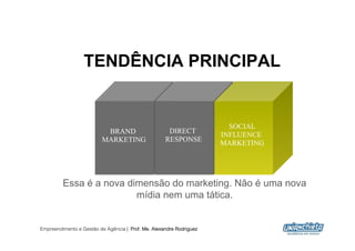 TENDÊNCIA PRINCIPAL


                                                                       SOCIAL
                          BRAND                      DIRECT
                                                                     INFLUENCE
                         MARKETING                  RESPONSE
                                                                     MARKETING




         Essa é a nova dimensão do marketing. Não é uma nova
                         mídia nem uma tática.


Empreendimento e Gestão de Agência | Prof. Me. Alexandre Rodriguez
                                                                                 4
 