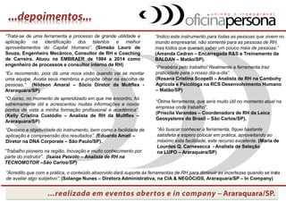 “O curso, no momento de aprendizado em que me encontro, foi
extremamente útil e acrescentou muitas informações e novos
pontos de vista a minha formação profissional e acadêmica”.
(Kelly Cristina Custódio – Analista de RH da Multflex –
Araraquara/SP)
“Eu recomendo, pois dá uma nova visão quando vai se montar
uma equipe. Avalia seus membros e propõe olhar na escolha de
pessoas.” (Nildson Amaral – Sócio Diretor da Multflex -
Araraquara/SP)
“Trata-se de uma ferramenta e processo de grande utilidade e
aplicação na identificação dos talentos e melhor
aproveitamentos do Capital Humano”. (Simeão Lauro de
Souza, Engenheiro Mecânico, Consultor de RH e Coaching
de Carreira. Atuou na EMBRAER de 1984 a 2014 como
engenheiro de processos e consultor interno de RH)
“Ótima ferramenta, que será muito útil no momento atual na
empresa onde trabalho”.
(Priscila Varandas – Coordenadora de RH da Leica
Geosystems do Brasil – São Carlos/SP).
“Indico este instrumento para todas as pessoas que vivem no
mundo empresarial, não somente para as pessoas de RH,
mas todos que querem saber um pouco mais de pessoas.”
(Amanda Cedran – Encarregada R&S e Treinamento da
BALDAN – Matão/SP).
“Destaco a objetividade do instrumento, bem como a facilidade de
aplicação e compreensão dos resultados”. (Eduardo Amati –
Diretor na DNA Corporate – São Paulo/SP).
“Parabéns pelo trabalho! Realmente a ferramenta traz
praticidade para o nosso dia-a-dia”.
(Rosana Cristina Scopelli – Analista de RH na Cambuhy
Agrícola e Psicóloga na RCS Desenvolvimento Humano
– Matão/SP)
“Trabalho pioneiro na região. Inovação e muito conhecimento por
parte do instrutor”. (Isaias Peixoto – Analista de RH na
TECNOMOTOR –São Carlos/SP)
“Ao buscar conhecer a ferramenta, fiquei bastante
satisfeita e espero colocar em prática, aproveitando ao
máximo esta facilidade, este recurso excelente. (Maria de
Lourdes Q. Carnesecca - Analista de Seleção
na LUPO – Araraquara/SP)
“Acredito que com a prática, o conteúdo absorvido dará suporte às ferramentas de RH para diminuir as incertezas quando se trata
de avaliar algo subjetivo”. (Solange Nunes – Diretora Administrativa, na CIA & NEGÓCIOS, Araraquara/SP – In Company)
 