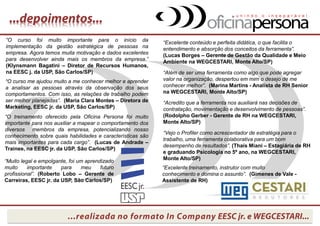 “O curso me ajudou muito a me conhecer melhor e aprender
a analisar as pessoas através da observação dos seus
comportamentos. Com isso, as relações de trabalho podem
ser melhor planejadas”. (Maria Clara Montes – Diretora de
Marketing, EESC jr. da USP, São Carlos/SP)
“O curso foi muito importante para o início da
implementação da gestão estratégica de pessoas na
empresa. Agora temos muita motivação e dados excelentes
para desenvolver ainda mais os membros da empresa.”
(Klynsmann Bagatini – Diretor de Recursos Humanos,
na EESC j. da USP, São Carlos/SP)
“Muito legal e empolgante, foi um aprendizado
muito importante para meu futuro
profissional”. (Roberto Lobo – Gerente de
Carreiras, EESC jr. da USP, São Carlos/SP)
“O treinamento oferecido pela Oficina Persona foi muito
importante para nos auxiliar a mapear o comportamento dos
diversos membros da empresa, potencializando nosso
conhecimento sobre quais habilidades e características são
mais importantes para cada cargo”. (Lucas de Andrade –
Trainee, na EESC jr. da USP, São Carlos/SP)
“Excelente conteúdo e perfeita didática, o que facilita o
entendimento e absorção dos conceitos da ferramenta”.
(Lucas Borges – Gerente de Gestão da Qualidade e Meio
Ambiente na WEGCESTARI, Monte Alto/SP)
“Além de ser uma ferramenta como algo que pode agregar
valor na organização, despertou em mim o desejo de me
conhecer melhor”. (Marina Martins - Analista de RH Senior
na WEGCESTARI, Monte Alto/SP)
“Acredito que a ferramenta nos auxiliará nas decisões de
contratação, movimentação e desenvolvimento de pessoas”.
(Rodolpho Gerber - Gerente de RH na WEGCESTARI,
Monte Alto/SP)
“Vejo o Profiler como acrescentador de estratégia para o
trabalho, uma ferramenta colaborativa para um bom
desempenho de resultados”. (Thaís Miani – Estagiária de RH
e graduando Psicologia no 5º ano, na WEGCESTARI,
Monte Alto/SP)
“Excelente treinamento, instrutor com muito
conhecimento e domina o assunto”. (Gimenes de Vale -
Assistente de RH)
 