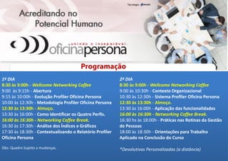 1º DIA
8:30 às 9:00h - Wellcome Networking Coffee
9:00 às 9:15h - Abertura
9:15 às 10:00h - Evolução Profiler Oficina Persona
10:00 às 12:30h - Metodologia Profiler Oficina Persona
12:30 às 13:30h - Almoço.
13:30 às 16:00h - Como identificar os Quatro Perfis.
16:00 às 16:30h - Networking Coffee Break.
16:30 às 17:30h - Análise dos Índices e Gráficos
17:30 às 18:30h - Contextualizando o Relatório Profiler
Oficina Persona
Obs: Quadro Sujeito a mudanças.
2º DIA
8:30 às 9:00h - Wellcome Networking Coffee
9:00 às 10:30h - Contexto Organizacional
10:30 às 12:30h - Sistema Profiler Oficina Persona
12:30 às 13:30h - Almoço.
13:30 às 16:00h - Aplicação das funcionalidades
16:00 às 16:30h - Networking Coffee Break.
16:30 hs às 18:00h - Práticas nas Rotinas da Gestão
de Pessoas
18:00 às 18:30h - Orientações para Trabalho
Aplicado na Conclusão do Curso
*Devolutivas Personalizadas (a distância)
 