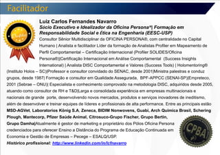 Luiz Carlos Fernandes Navarro
Sócio Executivo e Idealizador da Oficina Persona®| Formação em
Responsabilidade Social e Ética na Engenharia (EESC-USP)
Consultor Sênior Multidisciplinar da OFICINA PERSONA®, com centralidade no Capital
Humano | Analista e facilitador Líder da formação de Analistas Profiler em Mapeamento de
Perfil Comportamental – Certificação Internacional (Profiler SOLIDES/Oficina
Persona®)|Certificação Internacional em Análise Comportamental (Success Insights
International) | Analista DISC Comportamental e Valores (Success Tools) | Holomentoring®
(Instituto Holos – SC)|Professor e consultor convidado do SENAC, desde 2001|Ministra palestras e conduz
grupos, desde 1987| Formação e consultor em Qualidade Assegurada, BPF-APPCC (SENAI-SP)|Empreteco,
2001 (Sebrae – ONU)| Especialista e conhecimento comprovado na metodologia DISC, adquiridos desde 2005,
atuando como consultor de RH e T&D|Larga e consolidada experiência em empresas multinacionais e
nacionais de grande porte, desenvolvendo novos mercados, produtos e serviços inovadores de ineditismo,
além de desenvolver e treinar equipes de líderes e profissionais de alta performance. Entre as principais estão
MSD-AGVet, Laboratorios König S.A, Zeneca, BIDIM Nonwovens, Guabi, Arch Química Brasil, Schering
Plough, Mantecorp, Pfizer Saúde Animal, Citrosuco-Grupo Fischer, Grupo Bertin,
Grupo Damha|Atualmente é gestor de marketing e proprietário dos Pólos Oficina Persona
credenciados para oferecer Ensino a Distância do Programa de Educação Continuada em
Economia e Gestão de Empresas – Pecege – ESALQ/USP.
Histórico profissional: http://www.linkedin.com/in/lcfnavarro
 