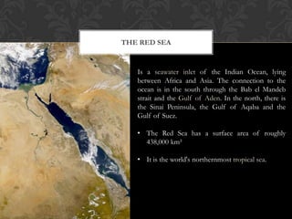 THE RED SEA



   Is a seawater inlet of the Indian Ocean, lying
   between Africa and Asia. The connection to the
   ocean is in the south through the Bab el Mandeb
   strait and the Gulf of Aden. In the north, there is
   the Sinai Peninsula, the Gulf of Aqaba and the
   Gulf of Suez.

   • The Red Sea has a surface area of roughly
     438,000 km²

   • It is the world's northernmost tropical sea.
 