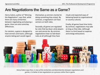 11
|
MTL: The Professional Development Programme
Agreement and After
Are Negotiations the Same as a Game?
Henry Calero, author of “Winning
the Negotiation”, says that, while
there are many similarities
between negotiating and playing a
game, there are also some key
differences.
For starters, a game is designed to
have winners and losers, (although
anyone taking part would regard
themselves as winners merely for
doing something they enjoy). By
contrast, a negotiation can have
winners on both sides.
Secondly, all games are regulated
by rules that lay down what players
can and cannot do. By contrast,
negotiations have no laid-down
rules at all (although they have
rituals and expected ways of
behaving based on organisational
or country culture).
Finally, all games have time limits.
By contrast, negotiations may take
as long as they take, (although
there is a limit based on expense
and energy exhaustion).
Henry Calero says that, in view of the similarities and dissimilarities between negotiations and
games, it is better to see negotiations as a process rather than a game.
 