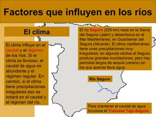 Factores que influyen en los ríos
El clima influye en el
caudal y el régimen
de los ríos. Si el
clima es lluvioso, el
caudal de agua es
abundante y el
régimen regular. En
cambio, si el clima
tiene precipitaciones
irregulares eso se
notará en el caudal y
el régimen del río.
El clima El río Segura (325 km) nace en la Sierra
del Segura (Jaén) y desemboca en el
Mar Mediterráneo, en Guardamar del
Segura (Alicante). El clima mediterráneo
tiene unas precipitaciones muy
irregulares: en algunos otoños el Segura
produce grandes inundaciones, pero hay
períodos largos de sequía (verano) en
los que apenas lleva agua.
Para mantener el caudal de agua
funciona el Trasvase Tajo-Segura
Río Segura
 