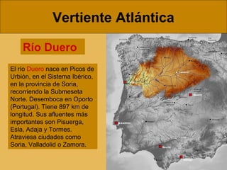 Vertiente Atlántica
Río Duero
El río Duero nace en Picos de
Urbión, en el Sistema Ibérico,
en la provincia de Soria,
recorriendo la Submeseta
Norte. Desemboca en Oporto
(Portugal). Tiene 897 km de
longitud. Sus afluentes más
importantes son Pisuerga,
Esla, Adaja y Tormes.
Atraviesa ciudades como
Soria, Valladolid o Zamora.
 