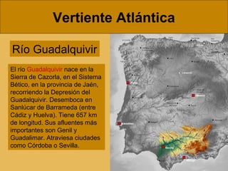Vertiente Atlántica
Río Guadalquivir
El río Guadalquivir nace en la
Sierra de Cazorla, en el Sistema
Bético, en la provincia de Jaén,
recorriendo la Depresión del
Guadalquivir. Desemboca en
Sanlúcar de Barrameda (entre
Cádiz y Huelva). Tiene 657 km
de longitud. Sus afluentes más
importantes son Genil y
Guadalimar. Atraviesa ciudades
como Córdoba o Sevilla.
 