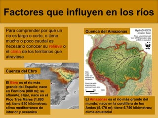 Factores que influyen en los ríos
Para comprender por qué un
río es largo o corto, o tiene
mucho o poco caudal es
necesario conocer su relieve o
el clima de los territorios que
atraviesa
El Amazonas es el río más grande del
mundo; nace en la cordillera de los
Andes (5.170 m); tiene 6.750 kilómetros;
clima ecuatorial
Cuenca del Amazonas
Cuenca del Ebro
El Ebro es el río más
grande del España; nace
en Fontibre (880 m); su
afluente, Hijar, nace en el
Pico Tres Mares (1.880
m); tiene 930 kilómetros;
clima mediterráneo de
interior y oceánico
 