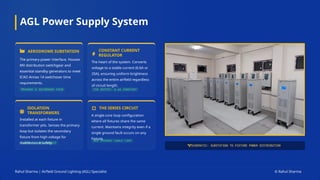 AGL Power Supply System
The primary power interface. Houses
MV distribution switchgear and
essential standby generators to meet
ICAO Annex 14 switchover time
requirements.
The heart of the system. Converts
voltage to a stable current (6.6A or
20A), ensuring uniform brightness
across the entire airfield regardless
of circuit length.
Installed at each fixture in
transformer pits. Senses the primary
loop but isolates the secondary
fixture from high voltage for
maintenance safety.
A single-core loop configuration
where all fixtures share the same
current. Maintains integrity even if a
single ground fault occurs on any
Fixture.
AERODROME SUBSTATION CONSTANT CURRENT
REGULATOR
ISOLATION
TRANSFORMERS
THE SERIES CIRCUIT
Rahul Sharma | Airfield Ground Lighting (AGL) Specialist © Rahul Sharma
 