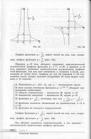 График функции у = — имеет такой же вид, как, напри-
xZn
мер, график функции i/=— (рис. 62).
х2
Прямую у —О (ось абсцисс) называют горизонтальной
асимптотой графика функции у = х~2п, n £ N , а прямую х = 0
(ось ординат) называют вертикальной асимптотой графика
этой функции, так как при значениях х, близких к нулю, рас­
стояния от точек этого графика до оси Оу (прямой х = 0) ста­
новятся сколь угодно малыми (подробнее об этом будем гово­
рить в 11 классе).
4. Показатель р = - ( 2 п - 1 ) , где п — натуральное число.
В этом случае степенная функция г/= х_(2п_1) обладает сле­
дующими свойствами:
1) область определения — множество R, кроме х = 0;
2) множество значений — множество R, кроме у = 0;
3) функция у = 1 нечетная, так как 1 1
-V (-jc)2n_1 х2п~г
4) функция является убывающей на промежутках х < 0 и
х>0;
5) функция не является ограниченной.
График функции у = 1 имеет такой же вид, как, напри-
хгп 1
мер, график функции у = ~ (рис. 63).
х3
Ось абсцисс является горизонтальной, а ось ординат —
вертикальной асимптотами графика функции.
170 Глава V
Степенная функция
 