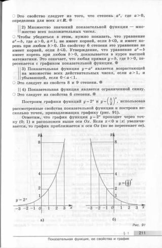 О Это свойство следует из того, что степень ах, где а > 0 ,
определена для всех x€ R . •
2) Множество значений показательной функции — мно­
жество всех положительных чисел.
О Чтобы убедиться в этом, нужно показать, что уравнение
ах= Ь, где а > 0 , а^ 1 , не имеет корней, если Ь<0, и имеет ко­
рень при любом Ь>0. По свойству 6 степени это уравнение не
имеет корней, если 0. Утверждение, что уравнение ах= Ъ
имеет корень при любом Ь>0, доказывается в курсе высшей
математики. Это означает, что любая прямая у = Ъ, где Ь>0, пе­
ресекается с графиком показательной функции. •
3) Показательная функция у = ах является возрастающей
на множестве всех действительных чисел, если а> 1, и
убывающей, если 0 < а < 1 .
О Это следует из свойств 8 и 9 степени. •
11 4) Показательная функция является ограниченной снизу.
О Это следует из свойства 6 степени. •
Построим графики функций у = 2х и У= ( ^ ) > использовав
рассмотренные свойства показательной функции и построив не­
сколько точек, принадлежащих графику (рис. 91).
Отметим, что график функции у = 2х проходит через точ­
ку (0; 1) и расположен выше оси Ох. Если я:<0 и |х| увеличи­
вается, то график приближается к оси Ох (но не пересекает ее).
Рис. 91
§ 1 211
Показательная функция, ее свойства и график
 