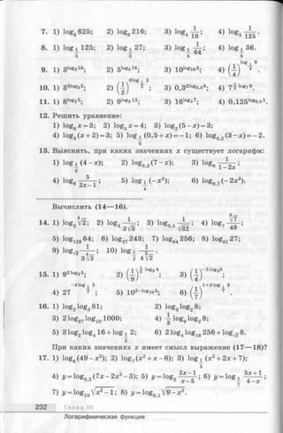 7. 1) log5625; 2) log6216;
3> l0^ ; 4) log» ife -
8. 1) lo g j 125; 2) log l 27; 3) l o g i ^ ; 4) lo g , 36.
5 3 4 04 6
/1 log 16
9. 1) 3loga18; 2) 5log516; 3) 10logio2;
4) Ш T •
/1 61°g l 2
10. 1) 351og32;
2> (1) 1 ;
3) 0,321og0,36; 4) 7 i lo879.
11. 1) 8log25; 2) 9log312; 3) 16log47; 4) 0,125logo,5i
12. Решить уравнение:
1) log6x = 3; 2) log5x = 4; 3) log2(5 - x ) = 3;
4) log3(x + 2) = 3; 5) lo g i(0 ,5 + je) — 1; 6) log02(3 - x ) = -2 .
6
13. Выяснить, при каких значениях х существует логарифм:
1) logji (4 - х ); 2) log02(7 -x ); 3)lo g 6 T ^ ;
4) log8 2а5_ - ; 5) logi (—х 2); 6) log07(-2 х 3).
4
Вычислить (14— 16).
14. 1) log.t/2; 2 )lo g 3^ i= ; 3 )lo g 05-| = ; 4) log7^ - ;
•5) log12864; 6) log27243; 7) log64256; 8 )lo g 8127;
9) logyg-j— ; 10) lo g j - J - .
3 V3 2 4 V2
15. 1) 9 21°S 35; 2) ( i ) ^ 10^34; 3) ( I p 823;
4 log j 5 1+ 2 log j 3
7
4) 27 3 ; 5) 103-logl°5; 6) ( i )
16. 1) log2log381; 2) log3log28;
3) 2 log27log101000; 4) i l o g 9log28;
5) 31og2log416 + log1 2; 6) 21og4log16256 + logV28.
2
При каких значениях x имеет смысл выражение (17— 18)?
17. 1) log6(4 9 - * 2); 2) log7(x2+ x - 6 ) ; 3) log i (* 2+ 2x+ 7);
5
4) у —l°g 03(7x - 2x2- 3); 5) y = log2 ; 6) = '
7) z/= log10Vx2- l ; 8) i/= log01V 9 -x 2.
232 Глава VII
7
Логарифмическая функция
 