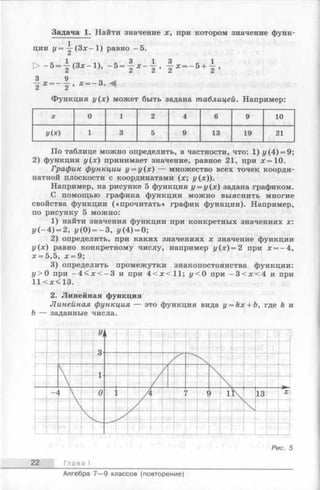 Задача 1. Найти значение х, при котором значение функ­
ции у = ~ ( З х - 1) равно -5 .
с 1 /п  t 3 1 3 _ 1
-5 = — (З х -1 ), - 5 = — х - — , — х = - 5 + — ,
3 9 Q .* = _ 3. ^
Функция у (я) может быть задана таблицей. Например:
X 0 1 2 4 6 9 10
1/( * ) 1 3 5 9 13 19 21
По таблице можно определить, в частности, что: 1) у (4) = 9;
2) функция 1/(дг) принимает значение, равное 21, при х=10.
График функции у = у(х) — множество всех точек коорди­
натной плоскости с координатами (я; у(х)).
Например, на рисунке 5 функция у = у(х) задана графиком.
С помощью графика функции можно выяснить многие
свойства функции («прочитать» график функции). Например,
по рисунку 5 можно:
1) найти значения функции при конкретных значениях х:
у ( - 4) = 2, г/(0) = —3, i/(4) = 0;
2) определить, при каких значениях х значение функции
у(х) равно конкретному числу, например у(х) = 2 при х = - 4 ,
х = 5,5, х = 9;
3) определить промежутки знакопостоянства функции:
у > 0 при - 4 < я :< - 3 и при 4 < х < 1 1 ; у < 0 при -3 < д :< 4 и при
11 <л:< 13.
2. Линейная ф ункция
Линейная функция — это функция вида у = kx + Ъ, где k и
Ъ — заданные числа.
22 Глава I
Алгебра 7—9 классов (повторение)
 
