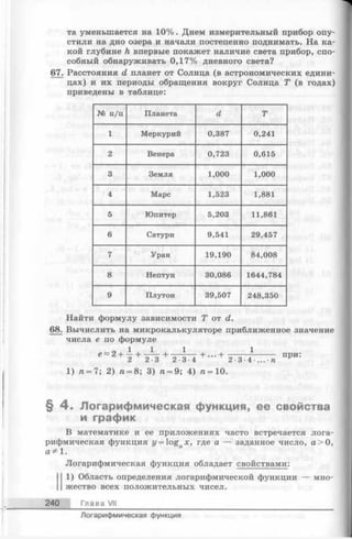 та уменьшается на 1 0 % . Днем измерительный прибор опу­
стили на дно озера и начали постепенно поднимать. На ка­
кой глубине h впервые покажет наличие света прибор, спо­
собный обнаруживать 0 , 1 7 % дневного света?
67. Расстояния d планет от Солнца (в астрономических едини­
цах) и их периоды обращения вокруг Солнца Т (в годах)
приведены в таблице:
№ п/п Планета d Т
1 Меркурий 0,387 0,241
2 Венера 0,723 0,615
3 Земля 1,000 1,000
4 Марс 1,523 1,881
5 Юпитер 5,203 11,861
6 Сатурн 9,541 29,457
7 Уран 19,190 84,008
8 Нептун 30,086 1644,784
9 Плутон 39,507 248,350
Найти формулу зависимости Т от d.
68. Вычислить на микрокалькуляторе приближенное значение
числа е по формуле
е " 2 + | + + + - + 2-3 4 . ...-в ПРИ:
1) п = 7; 2) п = 8; 3) га= 9; 4) я= 10.
§ 4 . Логарифмическая функция, ее свойства
и график
В математике и ее приложениях часто встречается лога­
рифмическая функция y = ogax, где а — заданное число, а > 0,
а 5*1.
Логарифмическая функция обладает свойствами:
11 1) Область определения логарифмической функции — мно-
i i жество всех положительных чисел.
240 Глава VII
Логарифмическая функция
 