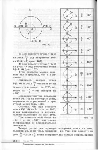 3) При повороте точки Р(1; 0)
Зтс
на угол — рад получается точ­
ка К(0 ; - 1 ) (рис. 107).
4) При повороте точки Р(1; 0)
на угол —л рад получается точка
Ц - 1 ; 0) (рис. 107).
Угол поворота можно зада­
вать как в градусах, так и в ра­
дианах.
Например, поворот точки
Р ( 1; 0) на угол означает то же
самое, что и поворот на 270°; по­
ворот на —^ — это поворот на
-90°. 2
Проиллюстрируем повороты
точки Р (1 ; 0) на некоторые углы,
выраженные в радианной и гра­
дусной мерах (рис. 108).
Отметим, что при повороте
точки Р(1; 0) на 2п, т. е. на 360°,
точка возвращается в первона­
чальное положение (см. рис. 108).
При повороте этой точки на Рис. 108
-2 л, т. е. на -360°, она также
возвращается в первоначальное
положение.
Теперь рассмотрим примеры поворотов точки на угол,
больший 2л, и на угол, меньший -27г. Так, при повороте на
угол ~ = 2 •2п + точка совершает два полных оборота против
Ct Ci
264 Глава VIII
Тригонометрические формулы
 