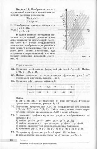 виду
Задача 11. Изобразить на ко­
ординатной плоскости множество ре­
шений системы неравенств
'Зх + у> 1,
2 х - у > 4 .
О Преобразуем данную систему к
у > 1-З х ,
у < 2 х -А .
В одной системе координат по­
кажем штриховкой решения каж­
дого неравенства полученной систе­
мы (рис. 13). Точки координатной
плоскости, изображающие решения
как первого неравенства, так и вто­
рого (той части плоскости, где
штриховки пересекаются), иллюст­
рируют решения исходной систе­
мы.
Рис. 13
Упражнения
67. Функция у(х) задана формулой у(х) = - 2 х 2+ х - 3 . Найти
1/(0), у (—2), у (2).
68. Найти значение х, при котором функция у = - 6 х + 7
принимает значение, равное —5; 4.
69. Функция у(х) задана таблицей:
X - 5 -3 ,5 0 1 4
У(х) - 8 0 3 - 8 12
Найти:
1) у ( - 3,5); у(1); 2) значения х, при которых функция
принимает значение, равное 3; -8 .
70. Построить треугольник ABC по координатам его вершин
А ( 3; 4), Б(0; -4 ), С (6; 2). Найти координаты точек пере­
сечения сторон треугольника ABC с осью абсцисс.
71. С помощью графика функции у = у(х), изображенного на
рисунке 14:
1) найти у ( - 3), у ( - 5), у(0), у( 2), у( 7), z/(12);
2) найти значения х, при которых у (х) = - 1, у (х ) = 0;
3) найти промежутки знакопостоянства функции;
4) сравнить у ( - 5) и у (-2 ); г/(—3) и у (7); 1/(0) и у (2).
72. По графику функции у = 2 х - 2 (рис. 15) найти:
1) промежутки знакопостоянства функции у = 2х —2;
26 Глава I
Алгебра 7— 9 классов (повторение)
 