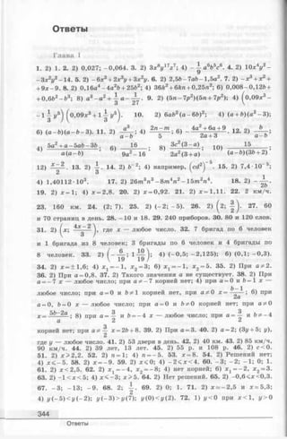 Ответы
Глава I
1. 2) 1. 2. 2) 0,027; -0,0 6 4 . 3. 2) 3xsy17z7; 4) - | a W . 4. 2) 10*4i/2-
- Зх2у2—14. 5. 2) -6х3+ 2х3у + Зх2у. 6. 2) 2,5& -7ab- 1,5a2. 7. 2) - х 3+ х2+
+ 9 * - 9 . 8. 2) 0 ,16a4- 4a2&+ 25b2; 4) 36A2+ 6fcra+ 0,25ra2; 6) 0,008-0,12& +
+ 0,6b2-& 3; 8) a3- a 2+  a - - ± ~ . 9. 2) ( 5 и - 7p2)(5ra + 7 p 2); 4) (0 ,0 9 *3-
О ci I 
- l- | i/ 6) (0 ,0 9 * 3 + 1 ^г/5)- 10. 2) 6ab2( a - 6 b ) 2; 4) (a + b) (a2- 3);
6) ( a - b ) ( a - b - 3 ) . 11. 2) 4) * t » L ; 6) 12. 2)
5a2+ a - 5ab-3b . C4 16 . 0 3c2(3 - a ) 15
4) ------- ;--- ^----- ’ b) о------’ — о---------------- ’' 7Z— , оч ’a ( a - b ) 9a -1 6 2a2(3 + a) (a-b )(3 & + 2)
12) x ~ 13. 2) i . 14. 2) fc-2 ; 4) например, (cd 2) . 15. 2) 7,4 •1 0 5;
2 3 ' '
4) 1,40112 •103. 17. 2) 26m3ns - 8 m 4n2- 1 5 m 2n4. 18. 2) -
19. 2) * = 1; 4) * = 2,8. 20. 2) * = 0,92. 21. 2) x = l , l l . 22. 2 км/ч.
23. 160 k m . 24. (2; 7). 25. 2) (- 2 ; - 5 ). 26. 2) ^2; - | ) . 27. 60
и 70 страниц в день. 28. —10 и 18. 29. 240 приборов. 30. 80 и 120 слов.
31. 2) ( * ; 4Х^ -~ j , где х — любое число. 32. 7 бригад по 6 человек
и 1 бригада из 8 человек; 3 бригады по 6 человек и 4 бригады по
8 человек. 33. 2) ( - А ; 1 i £ V 4) (-0 ,5 ; -2 ,1 2 5 ); 6) (О Д; -0 ,3 ).
 1У 1У /
34. 2) * =± 1 ,6 ; 4) х 1= - 1 , *2=3; 6) лс1=- 1 , *2=5. 35. 2) При а * 2.
36. 2) При a = 0,8. 37. 2) Такого значения а не существует. 38. 2) При
a = —7 х — любое число; при а ^ - 7 корней нет; 4) при а = 0 и 6 = 1 ^
любое число; при а = 0 и b * 1 корней нет, при а ^ 0 * = & ~ ; 6) при
а = 0, Ь = 0 * — любое число; при а = 0 и & ^0 корней нет; при а ^ 0
д;= 5fr-2a . gj при а = 3 и ь = _ 4 х __ лю бое число; при а = и Ь ^ - 4
а 2 2
корней нет; при х = 2Ь + 8. 39. 2) При а = 3. 40. 2) а = 2; (Зу + 5; у),
где у — любое число. 41. 2) 53 двери в день. 42. 2) 40 км. 43. 2) 85 км/ч,
90 км/ч. 44. 2) 39 лет, 13 лет. 45. 2) 55 р. и 108 р. 46. 2) с < 0.
51. 2) * > 2 ,2 . 52. 2) тг= 1; 4) тг= - 5. 53. х = 8. 54. 2) Решений нет;
4) * < - 5 . 58. 2) * = - 9 . 59. 2) х < 0 ; 4) - 2 < * < 4 . 60. - 3 ; - 2 ; - 1 ; 0; 1.
61. 2) * < 2 ,5 . 62. 2) ^ = - 4 , дс2= - 8 ; 4) нет корней; 6) х х= -2 , * 2= 3.
63. 2) —1 < jc< 5; 4) * < - 3 ; * > 5 . 64. 2) Нет решений. 65. 2) -0 ,6 < *< 0 ,3 .
67. - 3 ; -1 3 ; - 9 . 68. 2; i . 69. 2) 0; 1. 71. 2) * = -2 ,5 и * = 5,3;
4) (/( - 5 )< г/(- 2); г/(- 3) > г/(7); г/(0)<г/(2). 72. 1) г/<0 при * < 1 , у> 0
344
Ответы
 