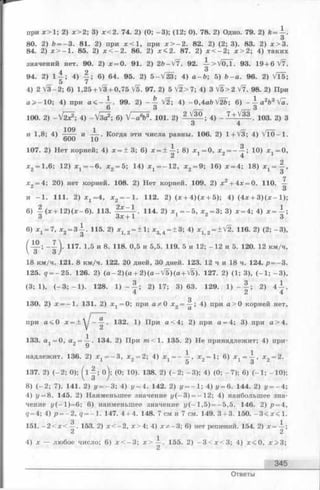 при х > 1 ; 2) х>2; 3) х<2. 74. 2) (0; - 3 ); (12; 0). 78. 2) Одно. 79. 2) *= -| -
80. 2) b ——3. 81. 2) при х < 1 , при х > - 2 . 82. 2) (2; 3). 83. 2) х > 3 .
84. 2) х > - 1 . 85. 2) х < - 2 . 86. 2) х < 2 . 87. 2) х < - 2 ; х > 2 ; 4) таких
значений нет. 90. 2) х = 0. 91. 2) 2&-V7. 92. i > V 0 4 . 93. 19 + 6 ^ 7 .
94. 2) 1 —; 4) —; 6) 64. 95. 2) 5 —V23; 4) а-Ъ; 5) Ъ-а. 96. 2) V l5 ;
5 7
4) 2 V 3 -2 ; 6) l,25 + V3 + 0,75 V5. 97. 2) 5 V 2>7; 4) 3 V 5>2 V7. 98. 2) При
a > - 10; 4) при 99. 2) - V2; 4) -0,4a& V2b; 6) - ~ a W a .
100. 2) - V 2? ; 4) - V ia 2; 6) V - a 6b3. 101. 2) 2 ^ ; 4) _ 1 ± У Ц _ 103 2) 3
3 4
и 1,8; 4) и— . Когда эти числа равны. 106. 2) 1+V 3; 4) V T 0 -1 .
600 10
107. 2) Нет корней; 4) х = ± 3; 6) х = + -i-; 8) = 0, х2= - 10) х 1=0,
х 2= 1,6; 12) х 1= - 6 , х 2= Ь;14) х 1 = -1 2 , х 2= 9; 16) х = 4; 18) x t = — ,
3
х„ = 4; 20) нет корней. 108. 2) Нет корней. 109. 2) х 2+ 4х = 0. 110. —
^ 3
и - 1 . 111. 2) х 1=4, ж2— 1. 112. 2) (х + 4 )(х + 5); 4) (4х + 3 )(х - 1 );
6) - ( х + 1 2 ) ( х - 6 ) . 113. 114. 2) jc, = - 5 , * „ = 3; 3) х = 4; 4) х = - ;
3 З х + 1 1 г 3
6) ж = 7 , ж2= 3 ^ . 115. 2) х 2= + 1; х3 4= ±3 ; 4) х г 2= ±V2. 116. 2) (2; -3 ),
О ’ ’ ’
—0 . 117. 1,5 и 8. 118. 0,5 и 5,5. 119. 5 и 12; -1 2 и 5. 120. 12 км/ч,
18 км/ч. 121. 8 км/ч. 122. 20 дней, 30 дней. 123. 12 чи 18 ч. 124. р = - 3.
125. q = - 25. 126. 2) ( a - 2 )(a + 2 ) ( а - V 5 )(a + V5). 127. 2) (1; 3), (- 1 ; - 3 ),
(3; 1), (—3; - 1 ). 128. 1 ) - - ; 2 )1 7 ; 3) 63. 129. 1 ) - - ; 2) 4 - .
4 2 4
3
130. 2) х = —1. 131. 2) х ,= 0 ; при ат^О х „ = — ; 4) при а > 0 корней нет,1 6 Q,
при а < 0 x = ±  j - ^ . 132. 1) При а < 4; 2) при а = 4; 3) при а > 4 .
133. а. = 0, a„ = i . 134. 2) При от<1. 135. 2) Не принадлежит; 4) при-
1 ^ 9
надлежит. 136. 2) дг1 = - 3 , * 2 = 2; 4) х х= - — , х 2 = 1; 6) Xj = — , * 2 = 2.
137. 2) (- 2 ; 0); (  - 0); (0; 10). 138. 2) (- 2 ; -3 ); 4) (0; -7 ); 6) (- 1 ; -1 0 );
3
8) ( - 2 ; 7). 141. 2) г/= - 3; 4) (/= 4. 142. 2) г/= - 1 ; 4) j/= 6. 144. 2) i/= - 4 ;
4) у = 8. 145. 2) Наименьшее значение г/(-3) = -1 2 ; 4) наибольшее зна­
чение г/(-1)=6; 6) наименьшее значение г/(—1,5) = —5,5. 146. 2) р = 4,
5 = 4; 4) р = - 2, 5 = - 1. 147. 4 + 4. 148. 7 см и 7 см. 149. 3 + 3. 150. - 3 < х < 1 .
151. - 2 < х < — . 153. 2) х < - 2 , х > 4 ; 4) ХФ-З; 6) нет решений. 154. 2) х = — ;
2 2
4) х — любое число; 6) х < — 3 ; л : > — . 155. 2) - 3 < л ; < 3; 4) х < 0 , х> 3 ;
345
Ответы
 