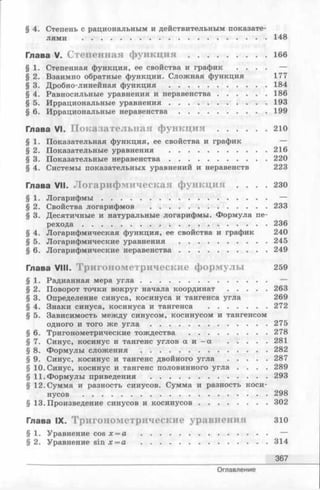 § 4. Степень с рациональным и действительным показате­
лями .............................................................................. 148
Глава V. С т е п е н н а я ф у н к ц и я ................................. 166
§ 1. Степенная функция, ее свойства и график . . . . —
§ 2. Взаимно обратные функции. Сложная функция 177
§ 3. Дробно-линейная функция ......................................... 184
§ 4. Равносильные уравнения и неравенства.....................186
§ 5. Иррациональные уравнения......................................... 193
§ 6. Иррациональные н ер авен ства..................................... 199
Глава VI. П о к а з а т е л ь н а я ф у н к ц и я .....................210
§ 1. Показательная функция, ее свойства и график —
§ 2. Показательные уравнения ......................................... 216
§ 3. Показательные неравенства......................................... 220
§ 4. Системы показательных уравнений и неравенств 223
Глава VII. Л о г а р и ф м и ч е с к а я ф у н к ц и я . . . . 230
§ 1. Л огар и ф м ы ...................................................................... —
§ 2. Свойства логарифмов ..................................................233
§ 3. Десятичные и натуральные логарифмы. Формула пе­
рехода .............................................................................. 236
§ 4. Логарифмическая функция, ее свойства и график 240
§ 5. Логарифмические уравнения ..................................... 245
§ 6. Логарифмические неравенства..................................... 249
Глава VIII. Т р и г о н о м е т р и ч е с к и е ф о р м у л ы 259
§ 1. Радианная мера у г л а ......................................................—
§ 2. Поворот точки вокруг начала к о о р д и н а т .................263
§ 3. Определение синуса, косинуса и тангенса угла 269
§ 4. Знаки синуса, косинуса и тангенса .........................272
§ 5. Зависимость между синусом, косинусом и тангенсом
одного и того же у г л а ..................................................275
§ 6. Тригонометрические тождества ................................. 278
§ 7. Синус, косинус и тангенс углов а и - а .................281
§ 8. Формулы с л о ж е н и я ......................................................282
§ 9. Синус, косинус и тангенс двойногоугла ...........287
§ 10. Синус, косинус и тангенс половинногоугла . . . . 289
§ 11. Формулы приведения ..................................................293
§ 12. Сумма и разность синусов. Сумма и разность коси­
нусов .............................................................................. 298
§ 13. Произведение синусов и косинусов.............................302
Глава IX. Т р и г о н о м е т р и ч е с к и е у р а в н е н и я 310
§ 1. Уравнение cos х = а .................................................... —
§ 2. Уравнение sin х = а .................................................... 314
367
Оглавление
 