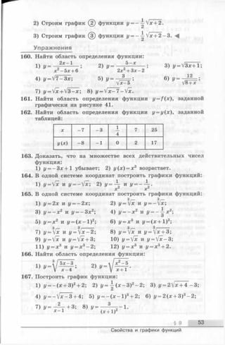 2) Строим график (2) функции i/= —-^-Vx+ 2.
2
3) Строим график (з ) функции y = - ~ V x + 2 - 3 .
Упражнения
160. Найти область определения функции:
1) У = 2 2 Х ~ 1 ; 2) у = -5--- ; 3) i/= V 3 x + l;
д: -5лг + 6 2л; +З д :-2
3 лч 12
4) у =  7 —Зх; 5 ) у = - ^ = ; 6) у =
V x - 5 ’ V8 + x ’
7) у = Гх+ ^ 3 -х ; 8) у = V x -7 -V x .
161. Найти область определения функции y= f(x), заданной
графически на рисунке 41.
162. Найти область определения функции у = у(х), заданной
таблицей:
л; - 7 - 3
1
7 25
4
» ( * ) - 8 -1 0 2 17
163. Доказать, что на множестве всех действительных чисел
функция:
1) у = - З х + 1 убывает; 2) у (х) = х3 возрастает.
164. В одной системе координат построить графики функций:
1) y = Vx и y = -fx; 2) у = ~
1
и У= ~ —2-X
165. В одной системе координат построить графики функций:
з з
I) у = 2 х и у = - 2 х ; 2 ) у =  [ х и j/= -V x ;
3) у = - х 2 и у = - З х 2; 4) у = - х 2 и у= --|х 2;
5) у = х 2 и у= (х -1)2; 6) у = х 3 и i/ = ( x + l ) 3;
7) у =  Г х и у = /х-2; 8) y = V x и у =  [ х + 3;
9) у = Гх и у =  [х + 3; 10) y = Vx и у =  [ х - 3;
I I ) i/= x3 и у = х 3 —2 ; 12) у = х 3 и г/= х3 + 2.
166. Найти область определения функции:
3 / о . /х2_д
1 2) „ я+1
167. Построить график функции:
1) г/= - ( х + 3)2+ 2; 2) г/= | ( х - З ) 2- 2 ; 3) y = 2Vx + 4 - 3 ;
4) г/= - У х - 3 + 4; 5) у = - ( х - 1 ) 3+ 2; 6) у = 2 (х + 3)3- 2 ;
7) г/=— + 3; 8) г/=— - —« —1.
*-1 (х+1)2
§ 9 53
Свойства и графики функций
 