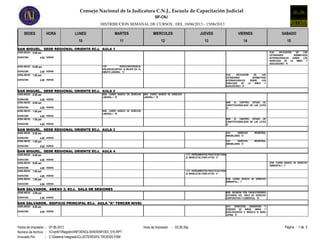 Consejo Nacional de la Judicatura C.N.J., Escuela de Capacitación Judicial
DISTRIBUCION SEMANAL DE CURSOS , DEL 10/06/2013 - 15/06/2013
SIF-CNJ
SEDES HORA LUNES MARTES MIERCOLES JUEVES VIERNES SABADO
10 11 12 13 14 15
SAN MIGUEL, SEDE REGIONAL ORIENTE ECJ, AULA 1
4122 APLICACIÓN DE LOS
ESTÁNDARES NORMATIVOS
INTERNACIONALES SOBRE LOS
DERECHOS DE LA NIÑEZ Y
ADOLESCENCI 'A'
8:00 am
4.00DURACION:
HORA INICIO:
HORAS
10:00 am
2.00DURACION:
HORA INICIO:
HORAS
1781 VIDEOCONFERENCIA:
VIOLENCIACONTRA LA MUJER EN EL
AMBITO LABORAL 'C'
1:00 pm
4.00DURACION:
HORA INICIO:
HORAS
4122 APLICACIÓN DE LOS
ESTÁNDARES NORMATIVOS
INTERNACIONALES SOBRE LOS
DERECHOS DE LA NIÑEZ Y
ADOLESCENCI 'A'
SAN MIGUEL, SEDE REGIONAL ORIENTE ECJ, AULA 2
8:00 am
4.00DURACION:
HORA INICIO:
HORAS
2005 CURSO BÁSICO DE DERECHO
LABORAL I 'B'
2005 CURSO BÁSICO DE DERECHO
LABORAL I 'B'
8:00 am
4.00DURACION:
HORA INICIO:
HORAS
3009 EL CONTROL DIFUSO DE
CONSTITUCIONALIDAD DE LAS LEYES
'D'
1:00 pm
4.00DURACION:
HORA INICIO:
HORAS
2005 CURSO BÁSICO DE DERECHO
LABORAL I 'B'
1:00 pm
4.00DURACION:
HORA INICIO:
HORAS
3009 EL CONTROL DIFUSO DE
CONSTITUCIONALIDAD DE LAS LEYES
'D'
SAN MIGUEL, SEDE REGIONAL ORIENTE ECJ, AULA 3
8:00 am
4.00DURACION:
HORA INICIO:
HORAS
1321 DERECHO REGISTRAL
INMOBILIARIO 'E'
1:00 pm
4.00DURACION:
HORA INICIO:
HORAS
1321 DERECHO REGISTRAL
INMOBILIARIO 'E'
SAN MIGUEL, SEDE REGIONAL ORIENTE ECJ, AULA 4
1777 HERRAMIENTAS PRÁCTICAS PARA
EL MANEJO DE CONFLICTOS 'C'
8:00 am
4.00DURACION:
HORA INICIO:
HORAS
2039 CURSO BÁSICO DE DERECHO
AMBIENTAL I 'I'
8:00 am
4.00DURACION:
HORA INICIO:
HORAS
1777 HERRAMIENTAS PRÁCTICAS PARA
EL MANEJO DE CONFLICTOS 'C'
1:00 pm
4.00DURACION:
HORA INICIO:
HORAS
1:00 pm
4.00DURACION:
HORA INICIO:
HORAS
2039 CURSO BÁSICO DE DERECHO
AMBIENTAL I 'I'
SAN SALVADOR, ANEXO 3, ECJ, SALA DE SESIONES
2:00 pm
2.00DURACION:
HORA INICIO:
HORAS
9000 REUNIÓN CON CAPACITADORES
EXTERNOS DEL ÁREA DE DERECHO
CORPORATIVO Y COMERCIAL 'B'
SAN SALVADOR, EDIFICIO PRINCIPAL ECJ, AULA "A" TERCER NIVEL
8:00 am
4.00DURACION:
HORA INICIO:
HORAS
1613 DERECHOS, GARANTÍAS Y
DEBERES DE NIÑOS, NIÑAS Y
ADOLESCENTES II. MÓDULO III SERIE
LEPINA 'E'
Fecha de Impresión Página : 1 de 302:26:35p.m.07-06-2013 Hora de Impresión: :
Nombre de Archivo Cnjnt01RegistroINFOENGLISH03INFO03_015.RPT
Invocado Por C:Sistema IntegradoCLUSTER03FILTRO0320.FRM
:
:
 