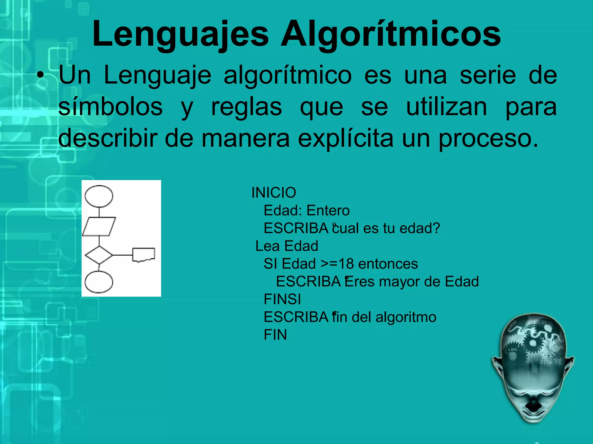 Lenguajes Algorítmicos
• Un Lenguaje algorítmico es una serie de
símbolos y reglas que se utilizan para
describir de manera explícita un proceso.
INICIO
Edad: Entero
ESCRIBA “
cual es tu edad?
Lea Edad
SI Edad >=18 entonces
ESCRIBA “
Eres mayor de Edad
FINSI
ESCRIBA “
fin del algoritmo
FIN
 