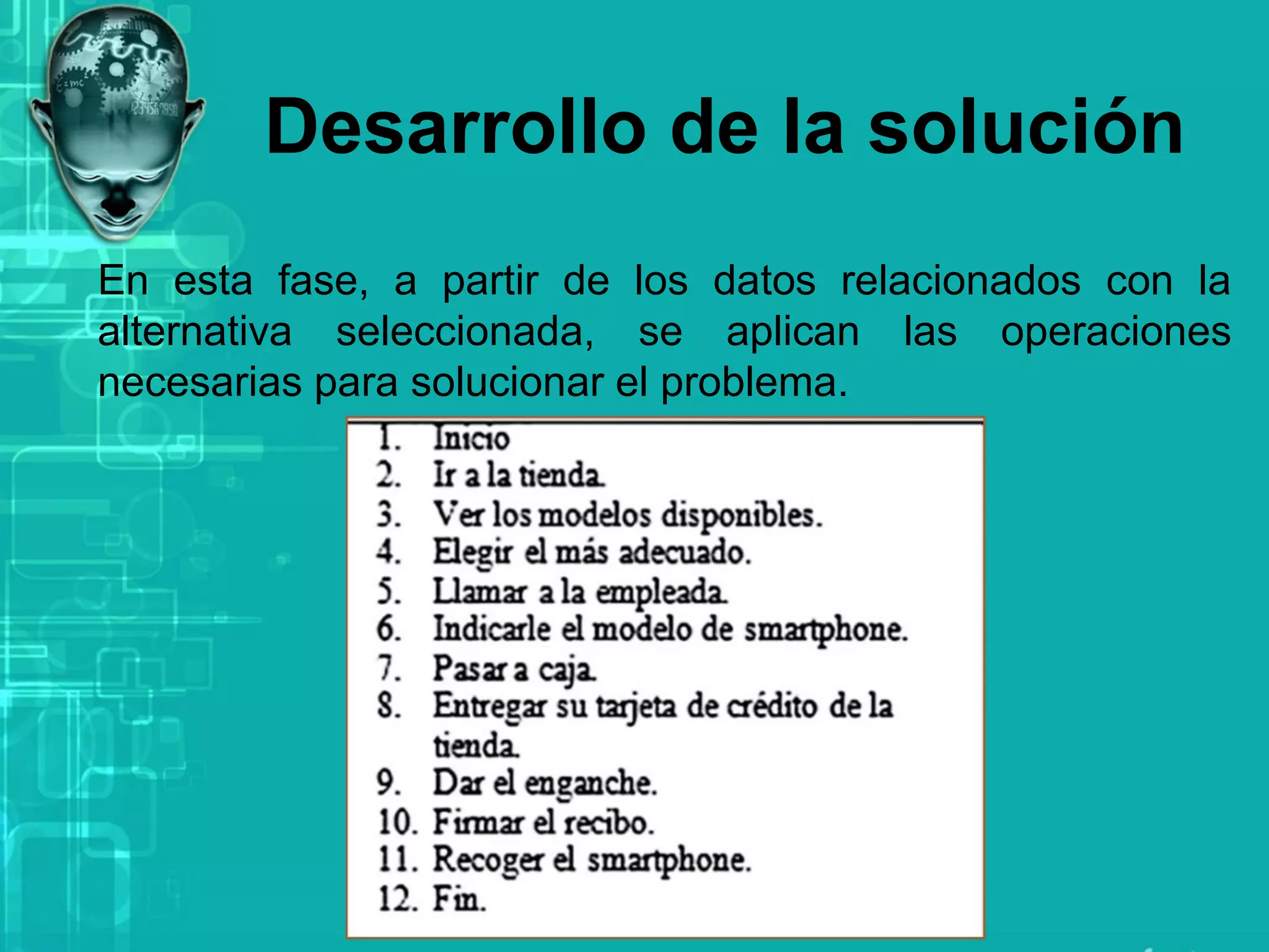 Desarrollo de la solución
En esta fase, a partir de los datos relacionados con la
alternativa seleccionada, se aplican las operaciones
necesarias para solucionar el problema.
 