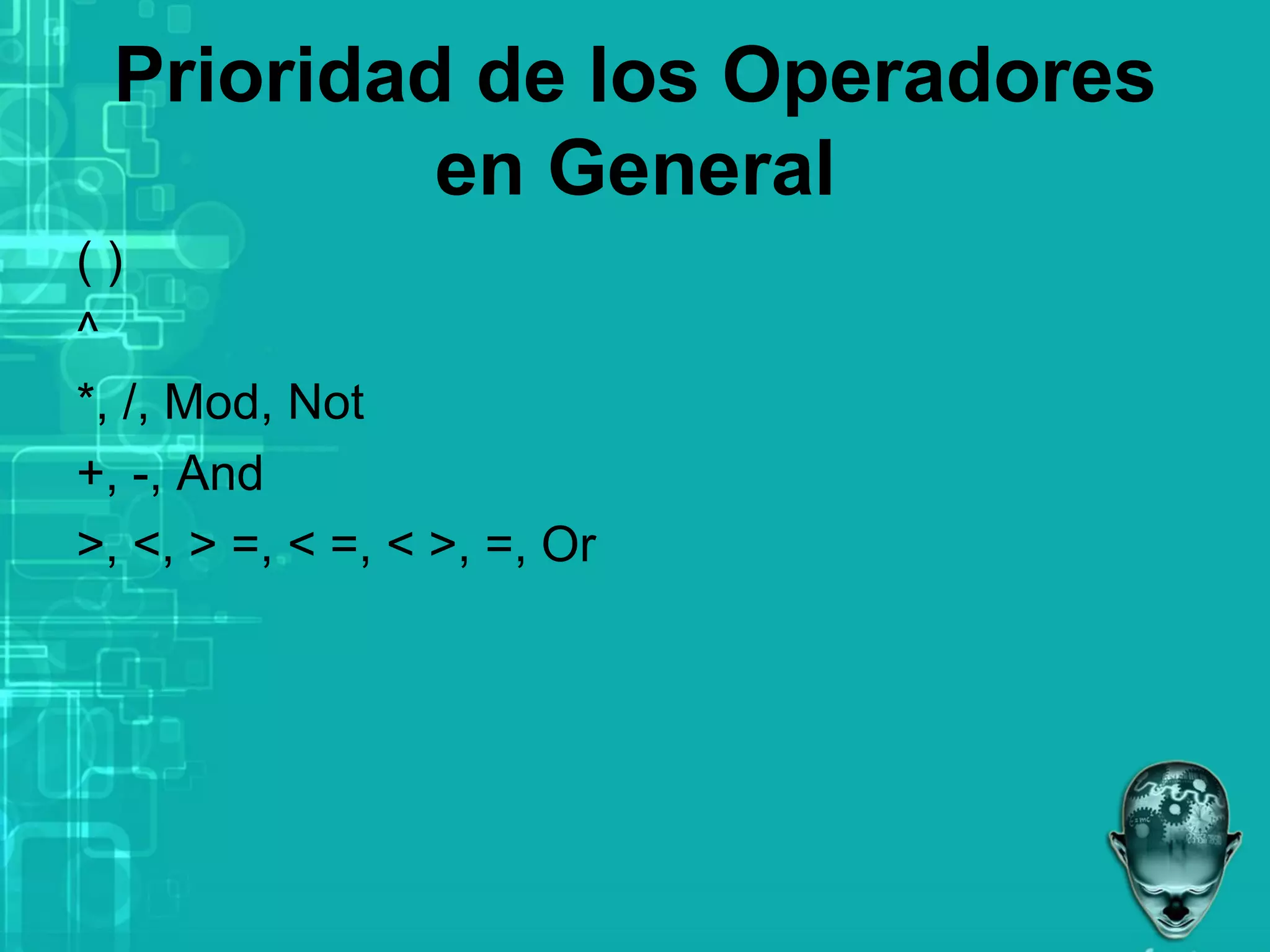Prioridad de los Operadores
en General
( )
^
*, /, Mod, Not
+, -, And
>, <, > =, < =, < >, =, Or
 
