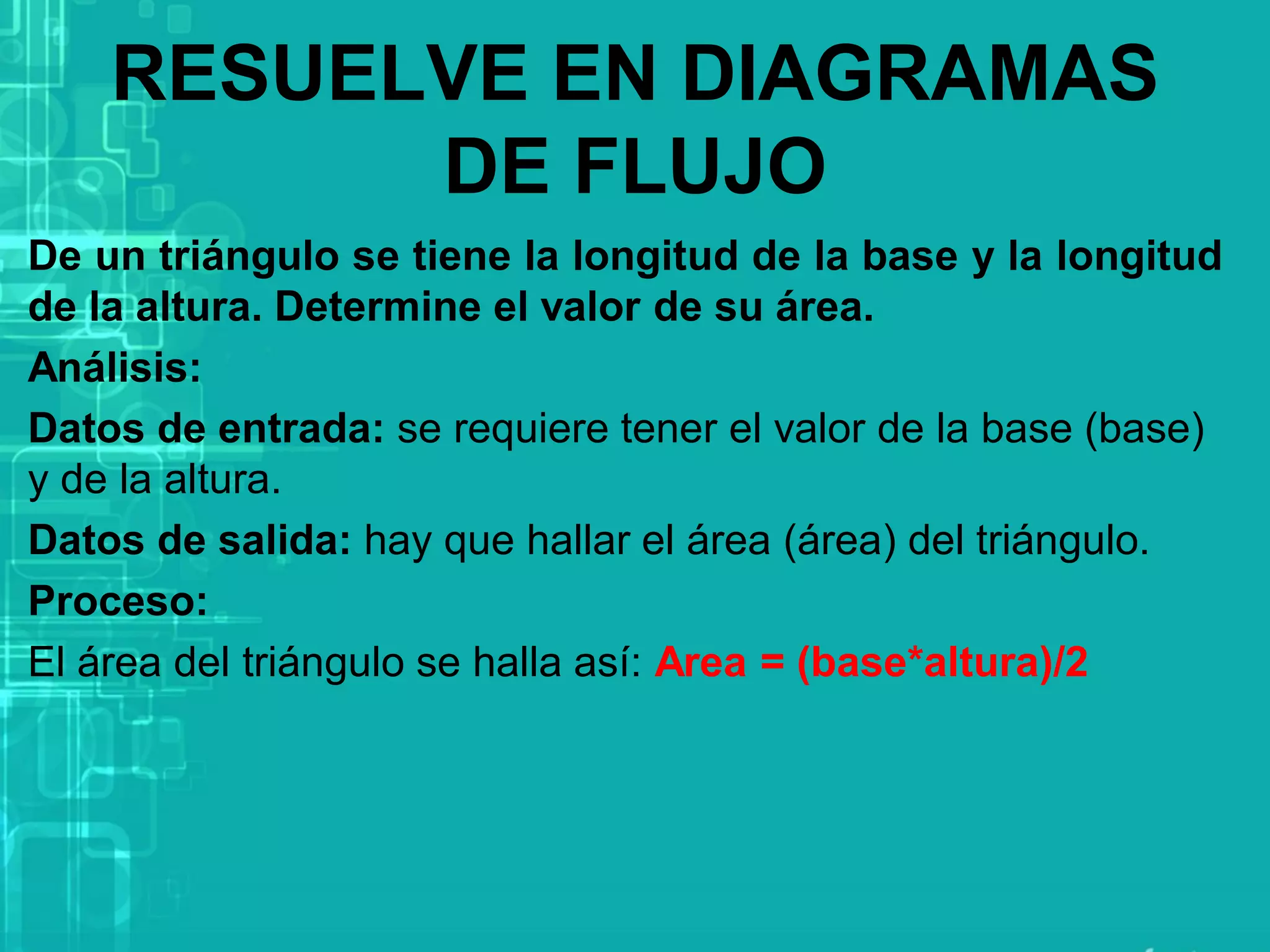 RESUELVE EN DIAGRAMAS
DE FLUJO
De un triángulo se tiene la longitud de la base y la longitud
de la altura. Determine el valor de su área.
Análisis:
Datos de entrada: se requiere tener el valor de la base (base)
y de la altura.
Datos de salida: hay que hallar el área (área) del triángulo.
Proceso:
El área del triángulo se halla así: Area = (base*altura)/2
 