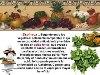 Espinaca  ..   Segundo entre los vegetales; solamente comparable al ajo en su capacidad antioxidante y tambien es rico en  acido folico , que ayuda a combatir el cancer, enfermedades cardiacas y trastornos mentales.  Investigaciones hechas por la “New University of Kentucky” muestran que el acido folico puede prevenir la enfermedad de Alzheimer. Comalo tanto crudo como cocido al vapor para mayor beneficio. 