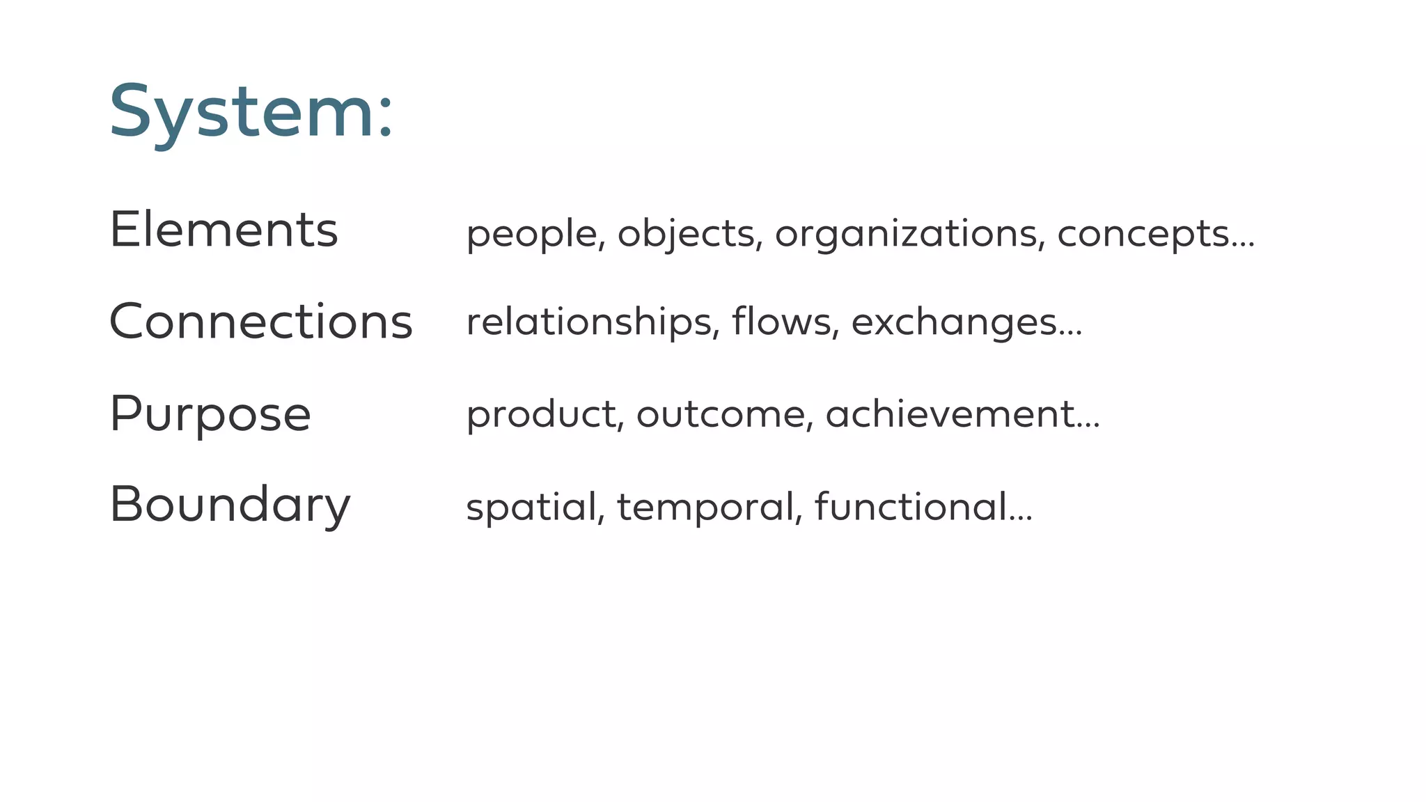 System:
Elements
Connections
Purpose
Boundary
product, outcome, achievement…
relationships, flows, exchanges…
people, objects, organizations, concepts…
spatial, temporal, functional…
 