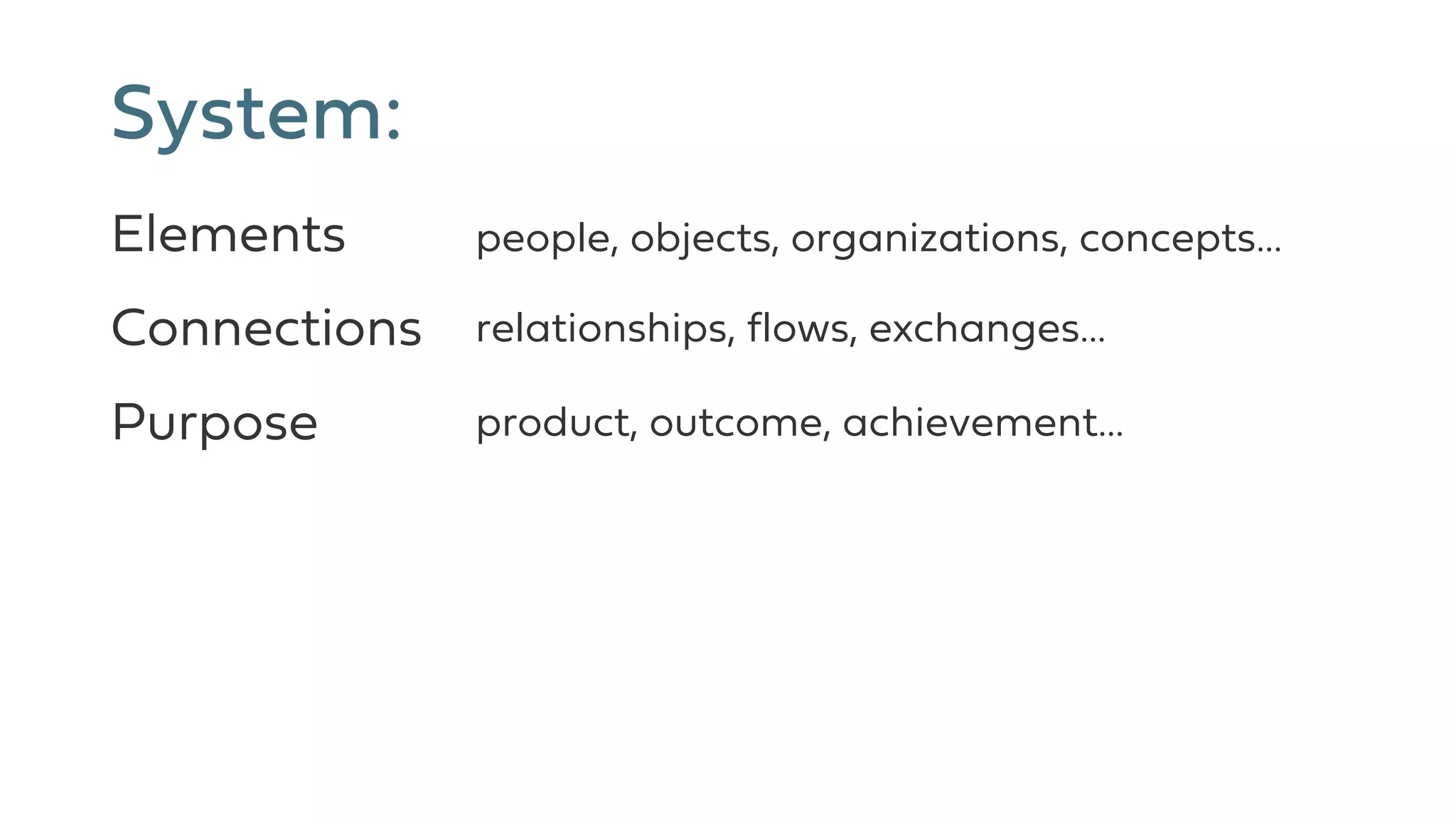 System:
Elements
Connections
Purpose product, outcome, achievement…
relationships, flows, exchanges…
people, objects, organizations, concepts…
 