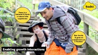 Ben books 
& goes on
experiences as
a ‘Kudoer’
Frane is a
botanist & hosts
a nature hike
experience
Enabling growth interactions
 