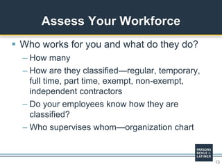 13
 Who works for you and what do they do?
– How many
– How are they classified—regular, temporary,
full time, part time, exempt, non-exempt,
independent contractors
– Do your employees know how they are
classified?
– Who supervises whom—organization chart
Assess Your Workforce
 